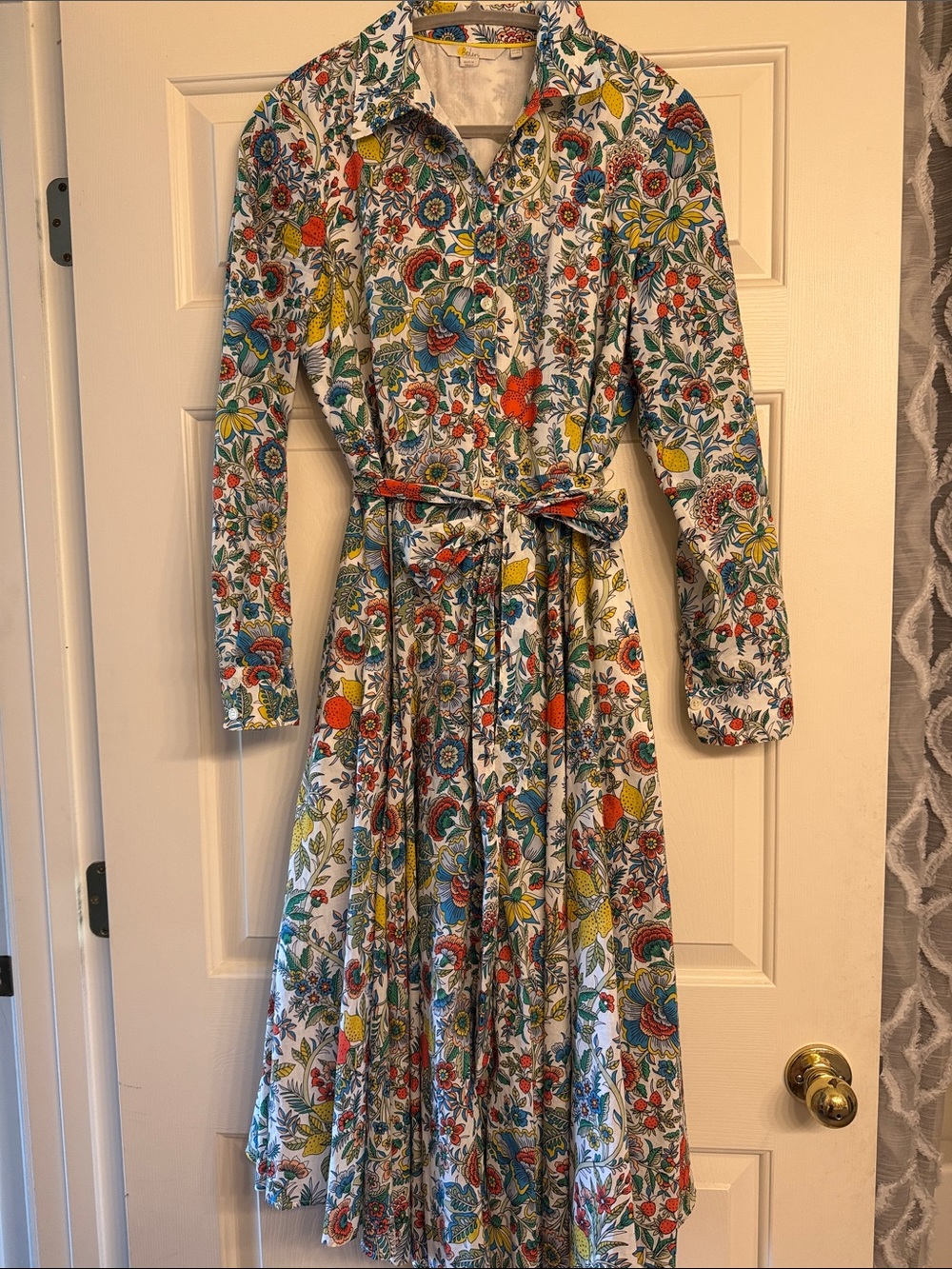 Fabulous Boden Midi Kitty Shirt Dress with Long Sleeves and Tie Waist